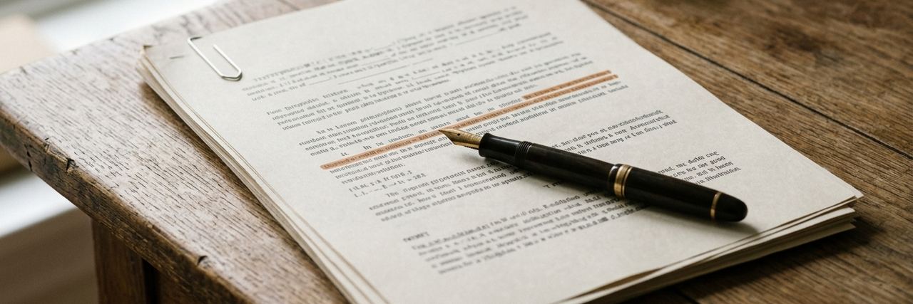 A stapled printed contract on a desk with a fountain pen across it and two lines marked in orange.