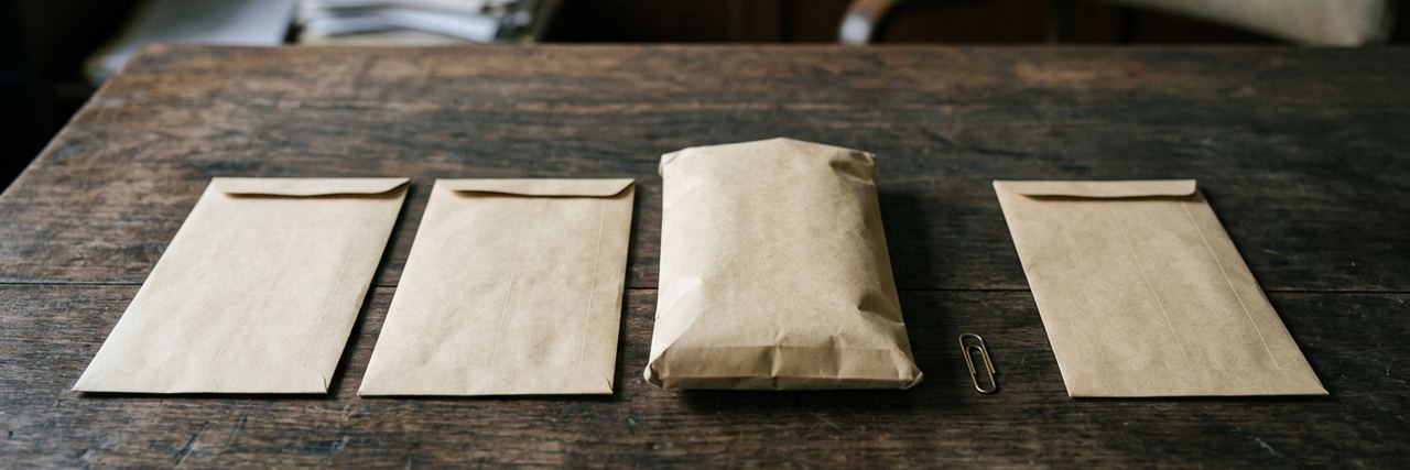 Plain paper envelopes laid out in a row on a wooden desk, one of them full.