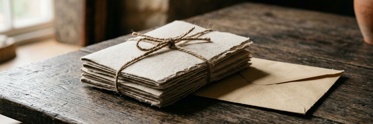 A small stack of letters tied with string beside an empty envelope.