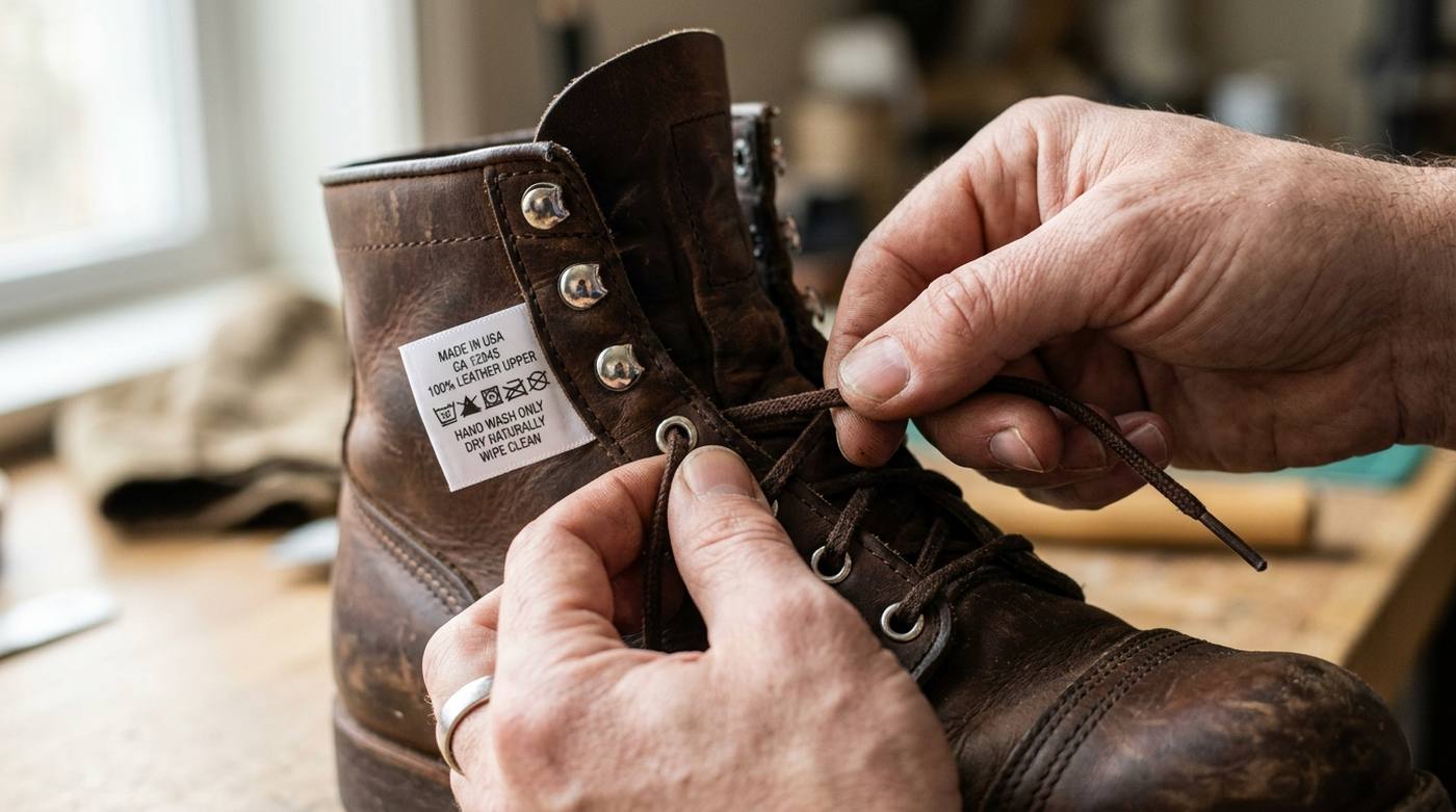A generated close-up of two hands lacing a leather boot. The printed care label reads cleanly, the hands are anatomically correct, but the lace being pulled does not emerge from any eyelet and the hardware on the two sides of the boot does not match.